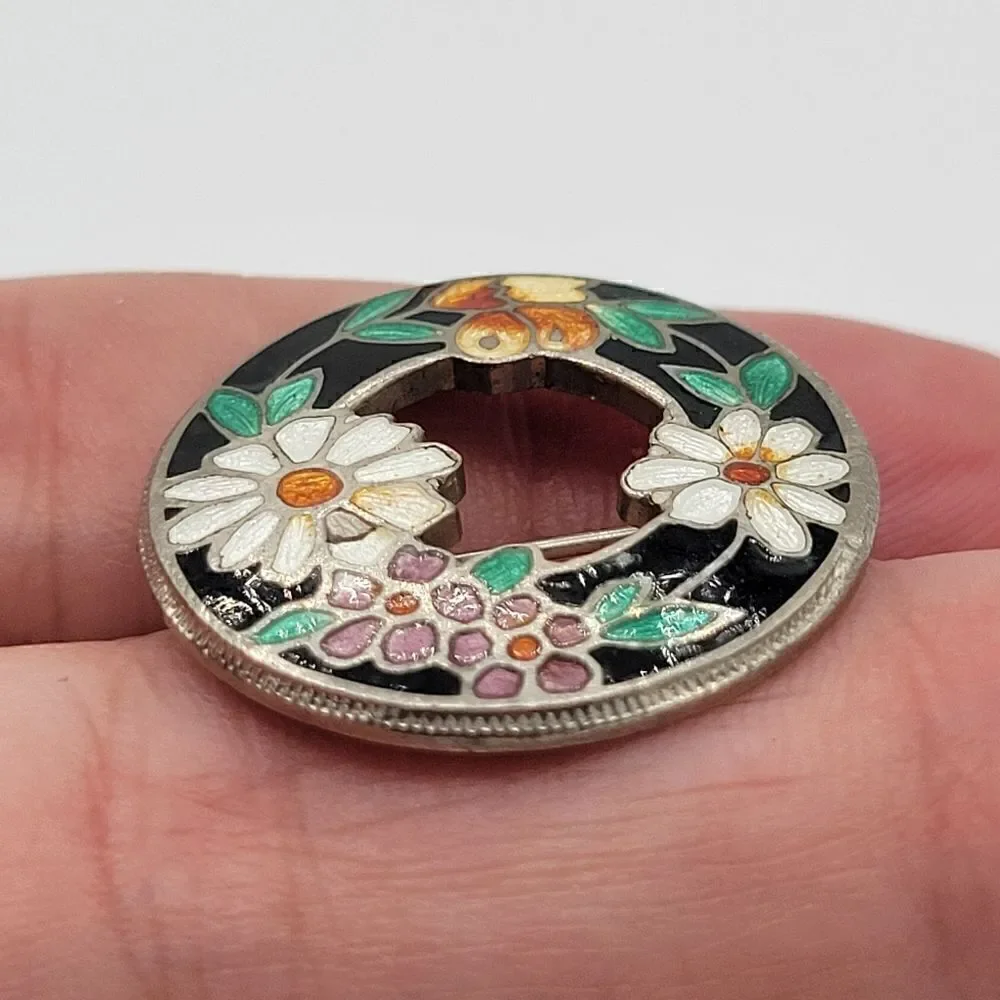 Cloisonne Vtg Gold Toned Multi Color Flowers Leaves Pin / Brooch 2